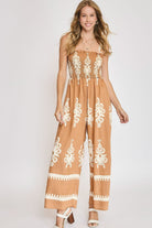Umgee Mocha Smocked Printed Wide Leg Jumpsuit MOCHA
