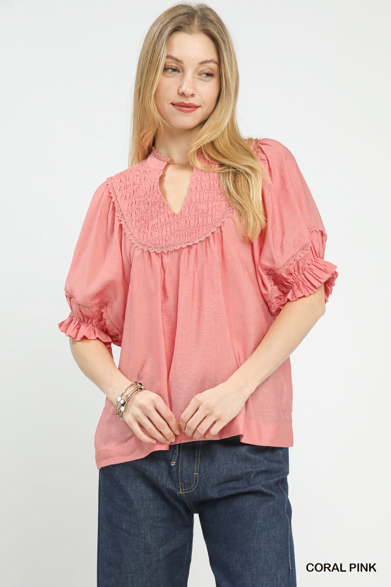 Umgee Coral Pink Smocked Yoke Blouse with Ruffle Sleeves CORAL PINK