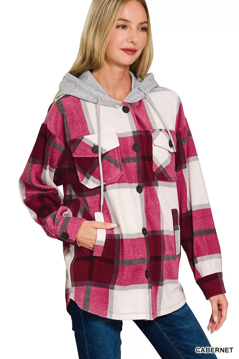 Zenana Cabernet Plaid Drawstring Hooded Fleece Shacket