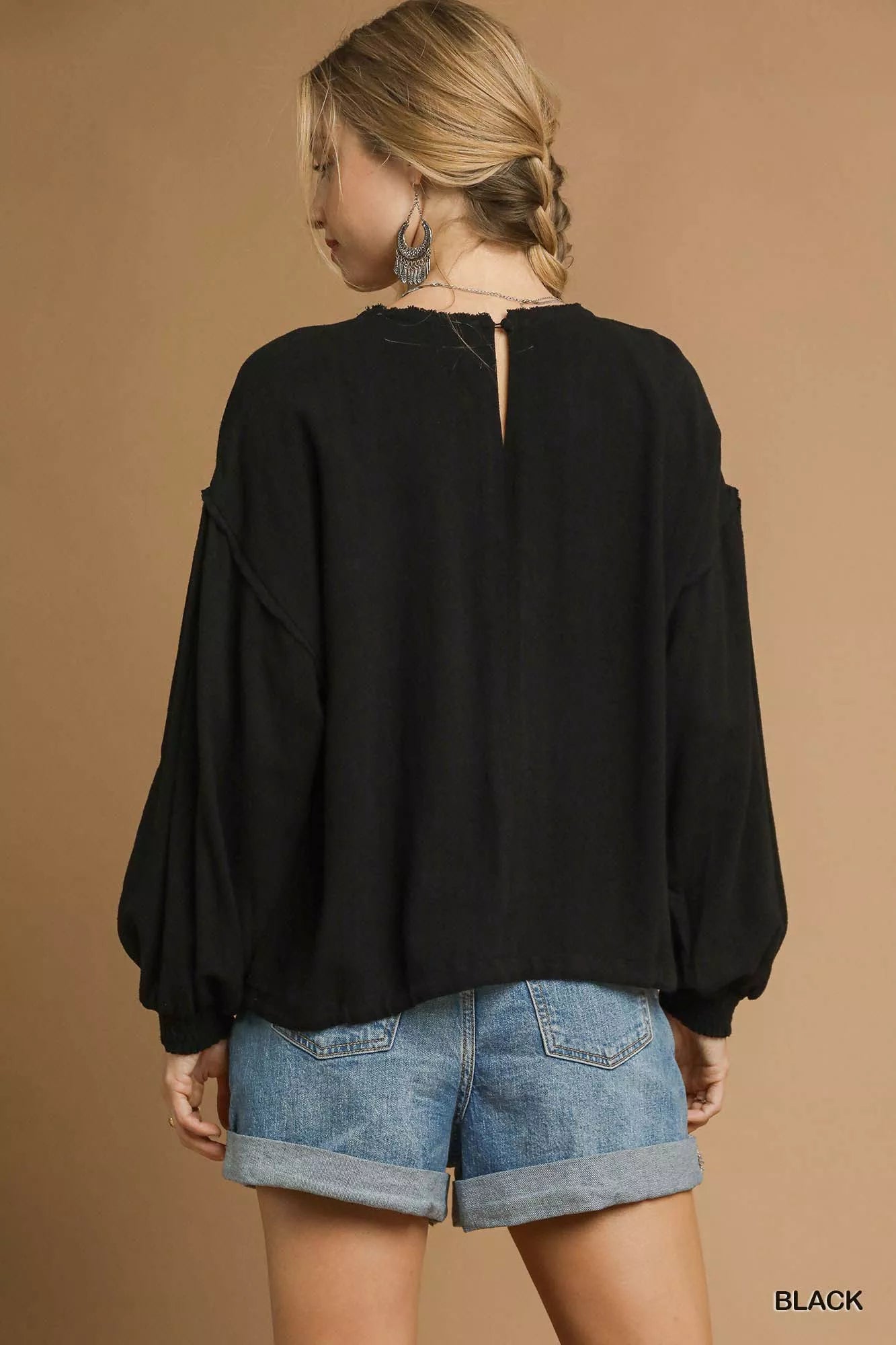 Umgee Black Linen Long Sleeve Top with Drawstring