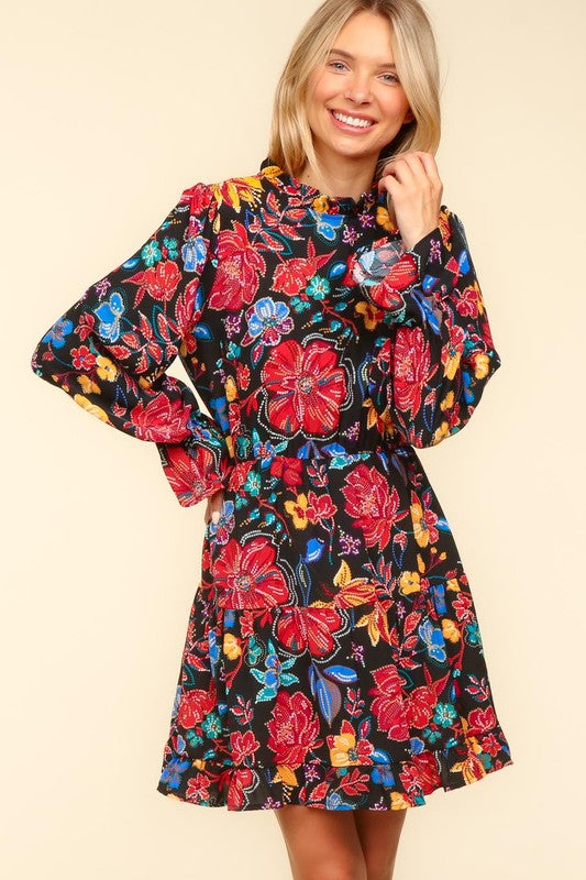 Haptics Lock Eyes Black Floral Sequin Print Ruffle Sleeve Frill Mock Neck Dress Small Dresses