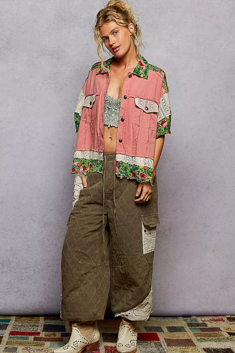 POL Guava Pink Multi Lace Patch Floral Half Sleeve Woven Jacket
