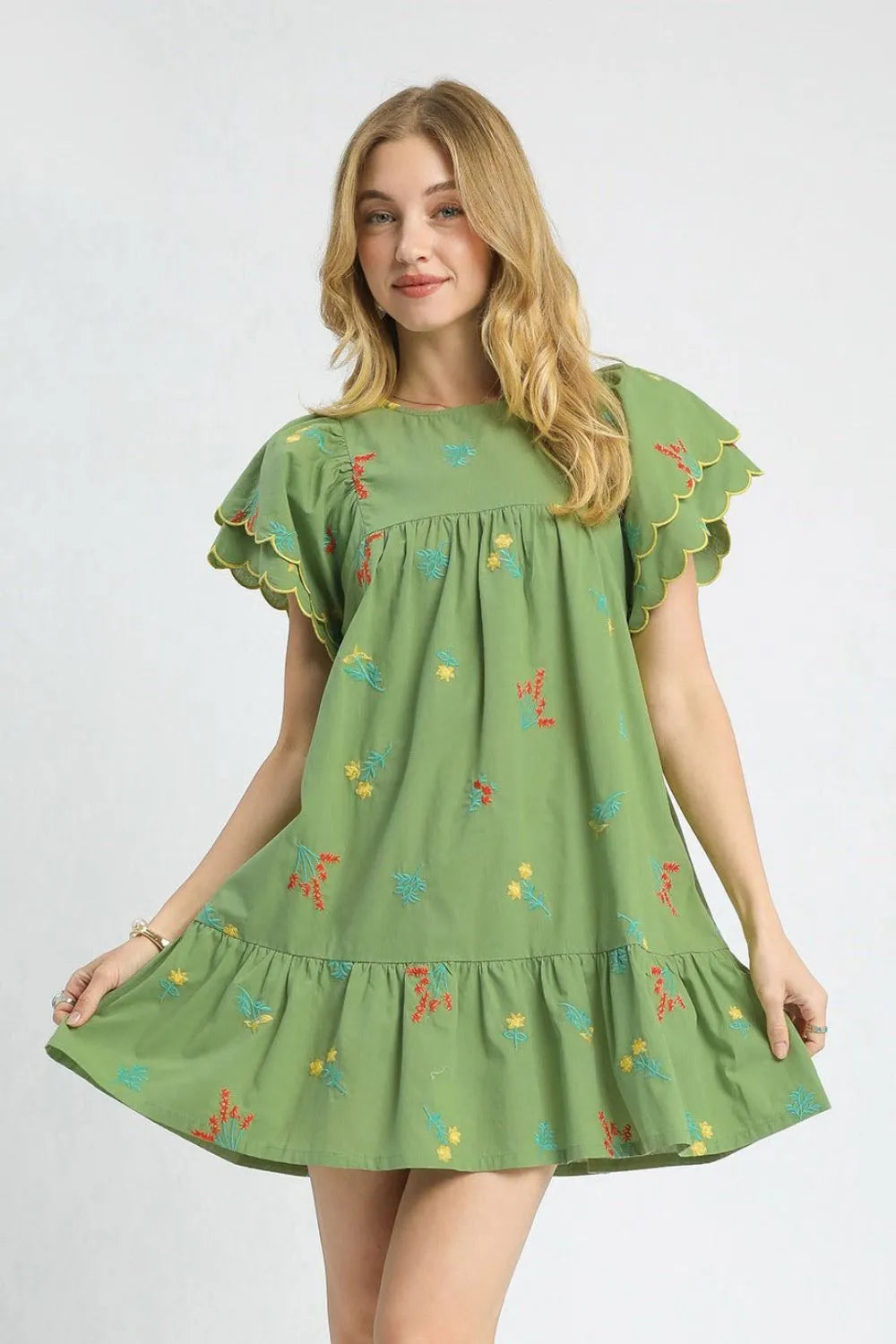 Umgee Green Floral Embroidered Short Flutter Sleeve Mini Dress Matcha Green