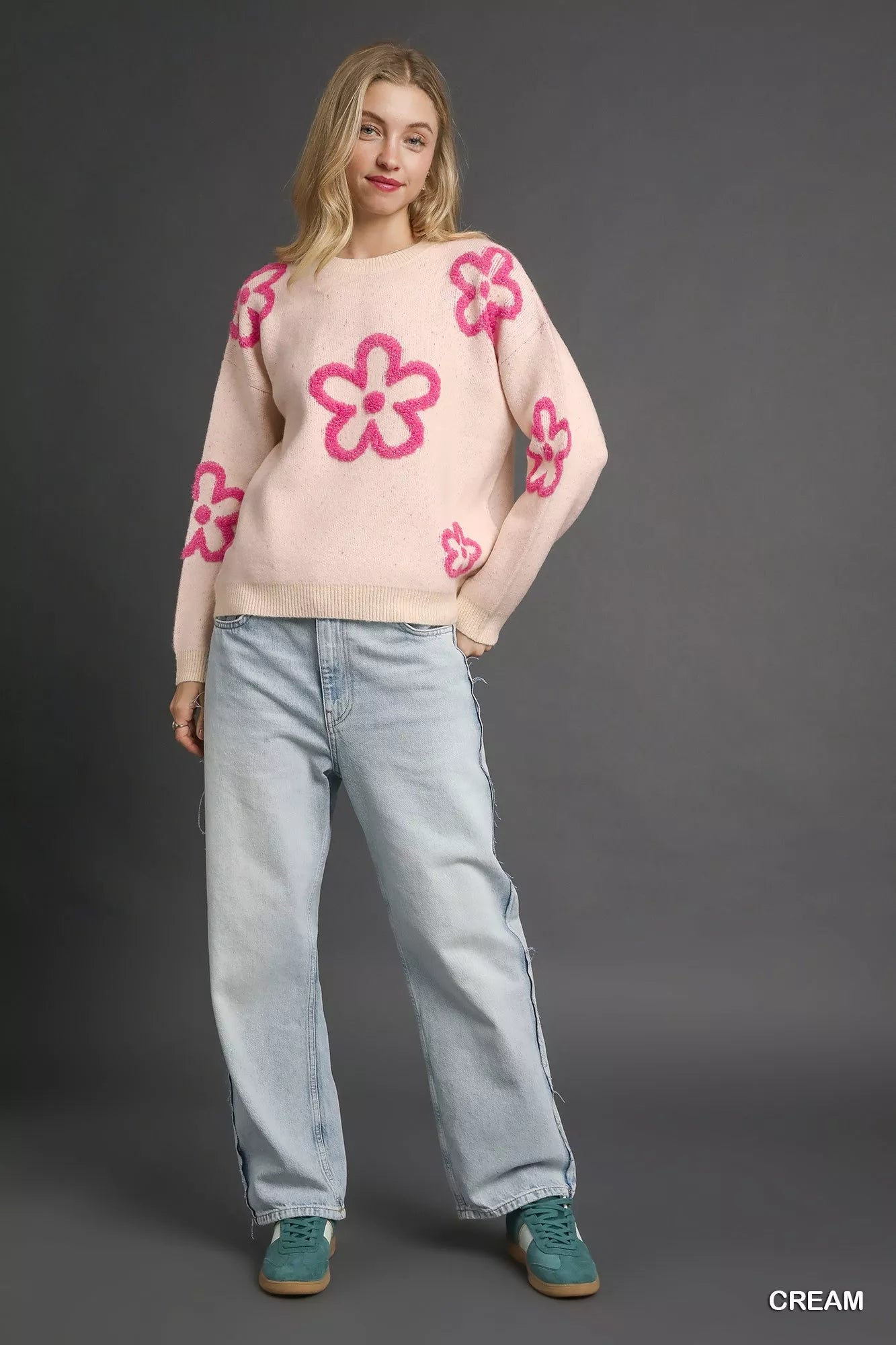 Umgee Cream & Pink Round Neck Sweater with Pink Floral Accents
