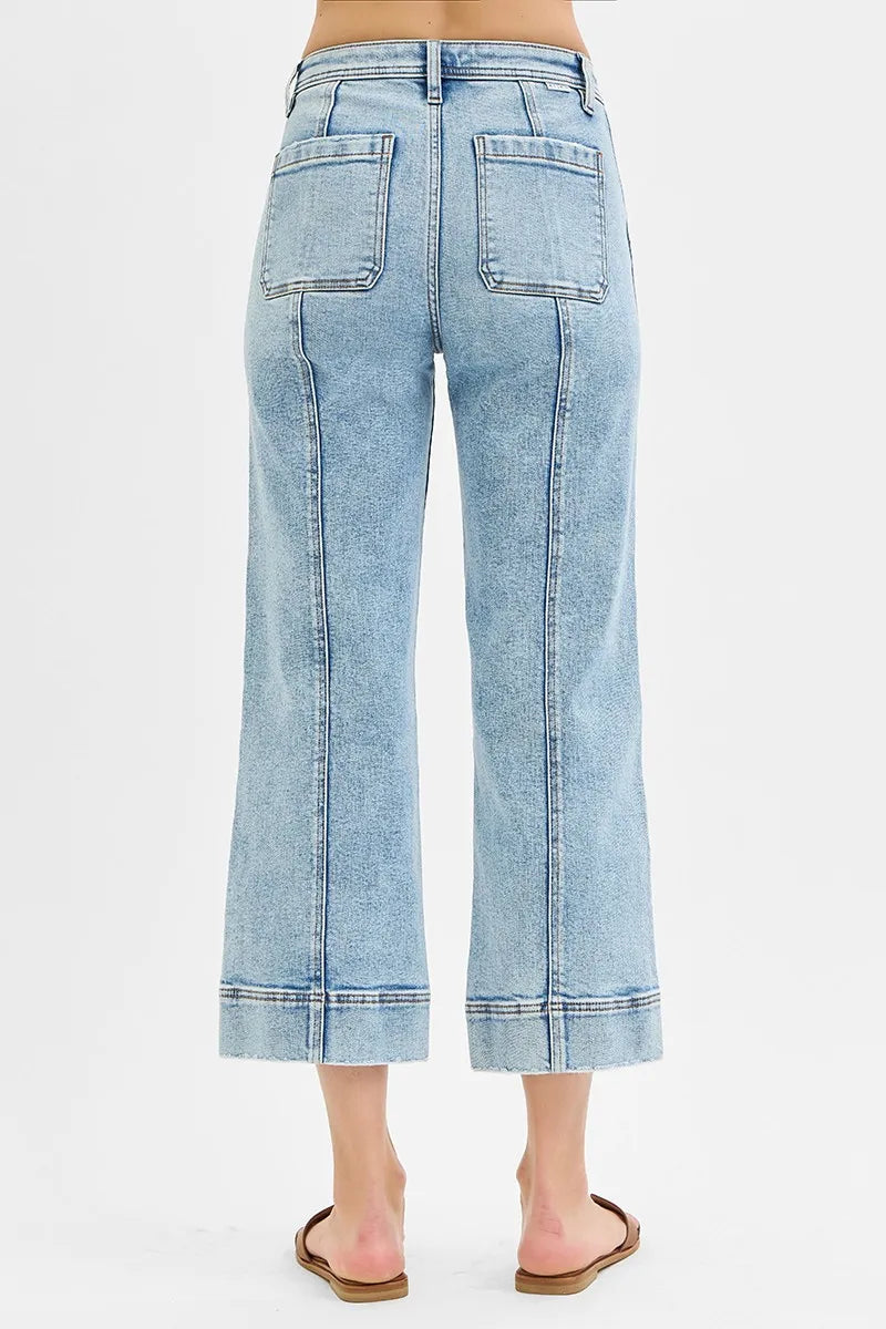RISEN Light Washed High Rise Crop Wide Front Seam Detailed Jeans