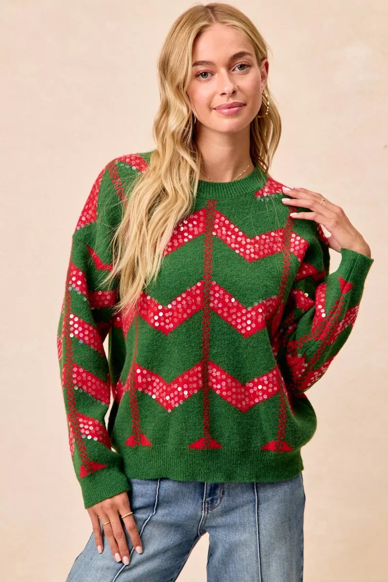 BiBi Hunter Green & Ref Christmas Theme Chevron Sequins Detail Sweater HUNTER RED
