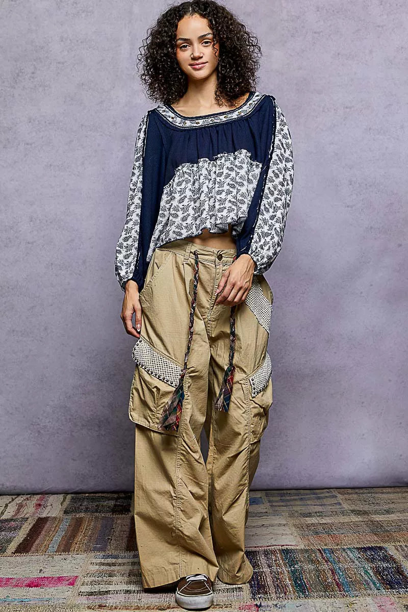 POL Indigo Paisley Scoop Neck Balloon Sleeve Cropped Blouse with Stud Detail