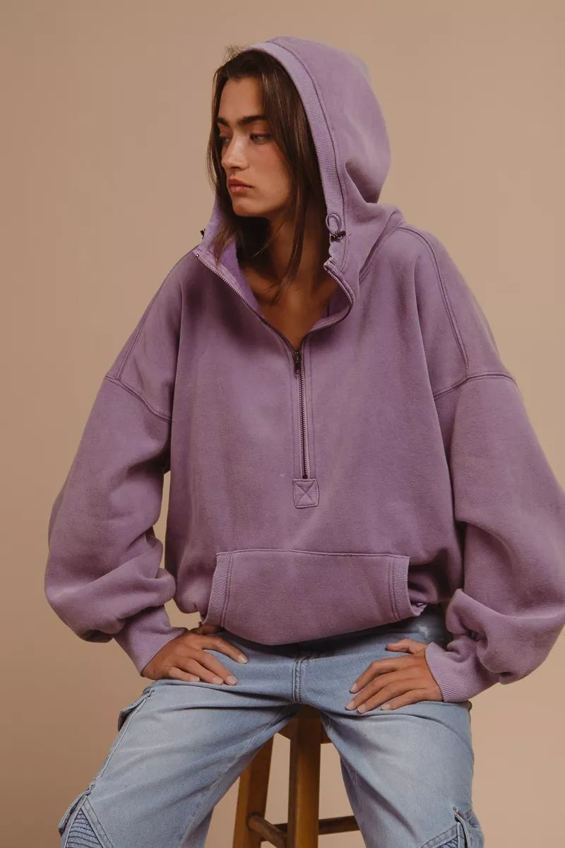 BiBi Periwinkle Stitch Detailed Elastic Hem Half Zip Fleece Hoodie