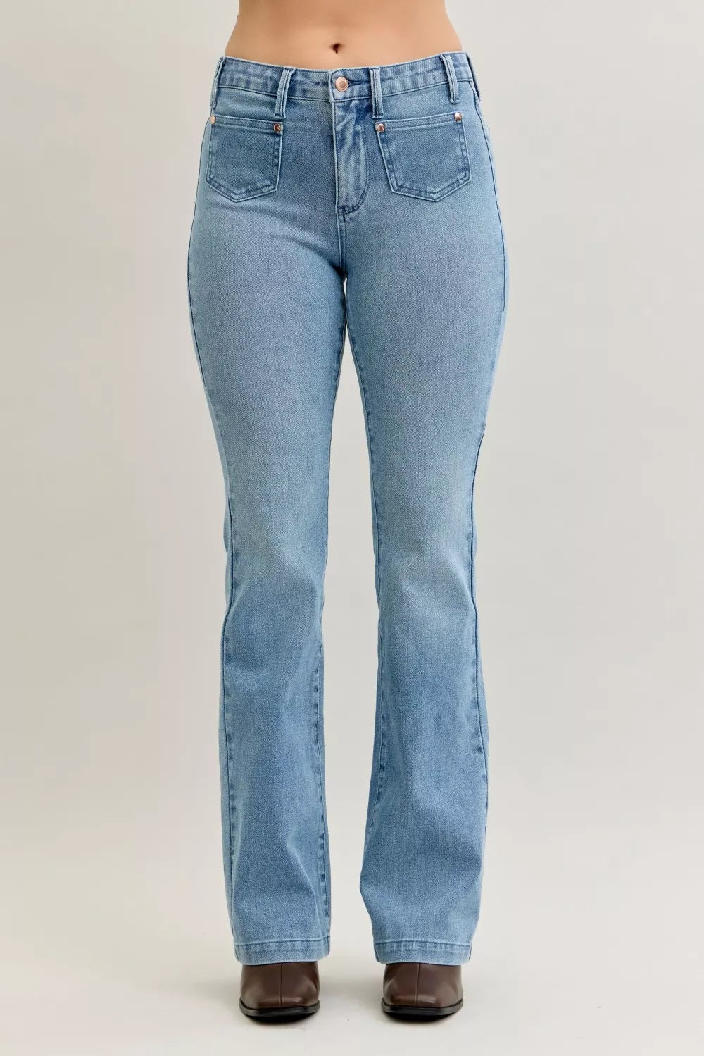 Judy Blue Medium Washed Mid Rise Bootcut Jeans with Contrast Wash & Front Patch Pockets