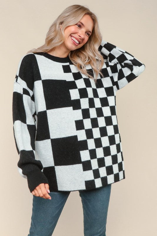 Haptics Black and White Checkerboard Color Block Oversized Sweater