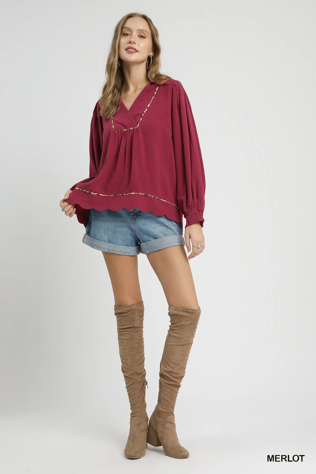Umgee Merlot Linen Scallop Hem Blouse with Contrast Trim
