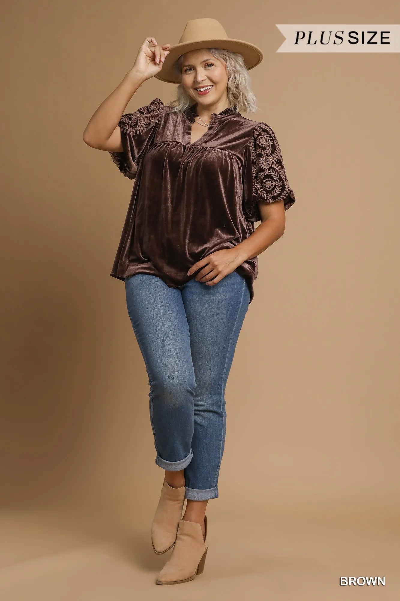 Umgee Brown Velvet Embroidered Sleeve Blouse