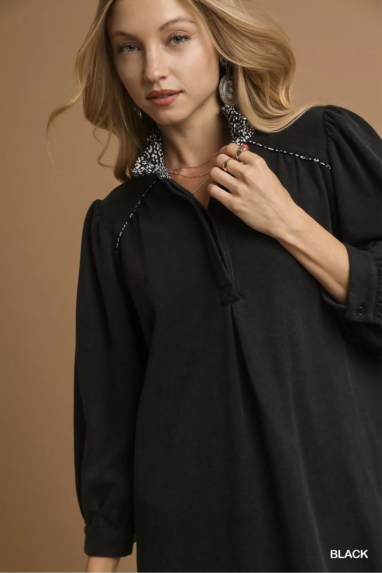 Umgee Black French Terry Balloon Sleeve Shift Dress with Leopard Print Detail
