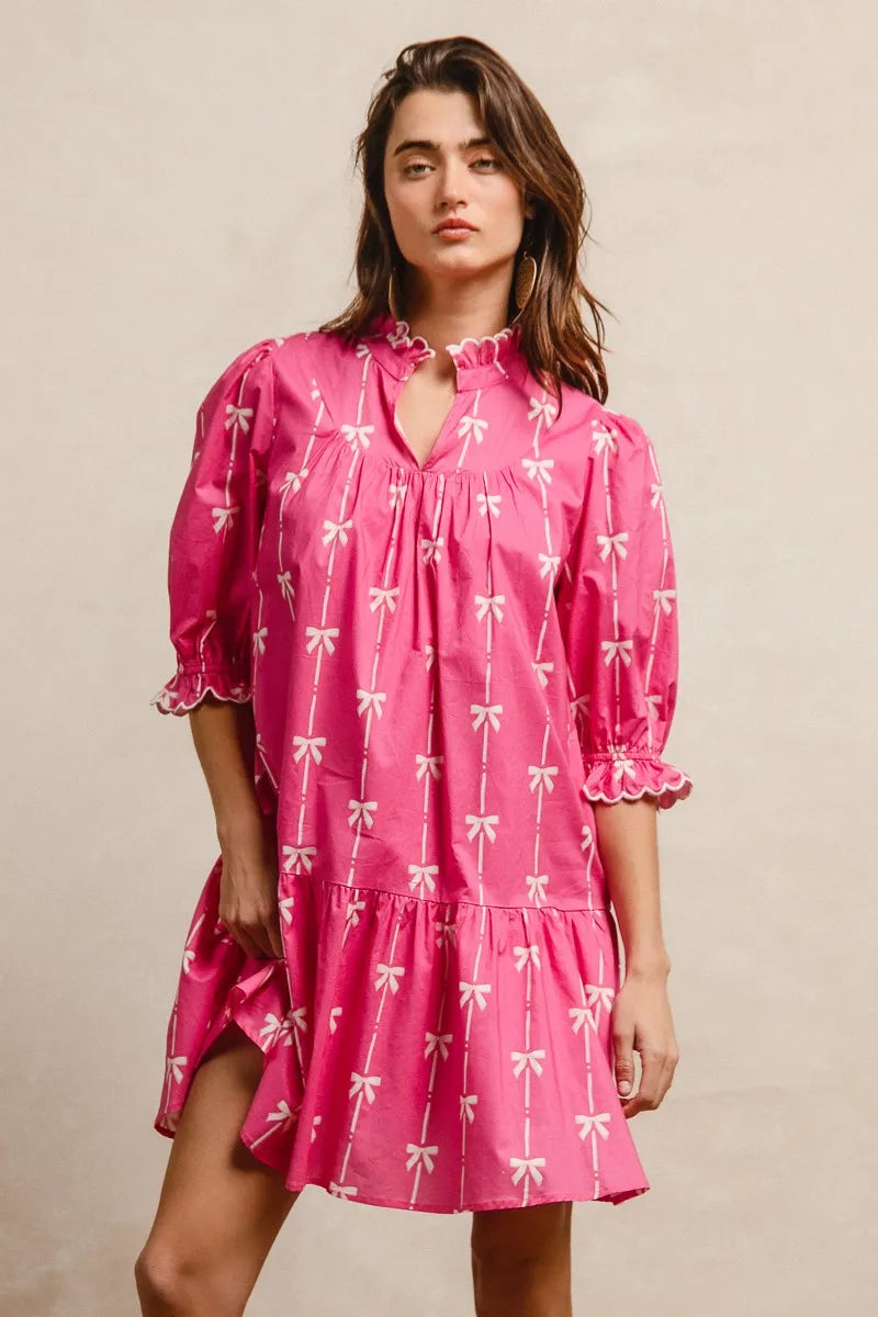 BiBi Fuchsia Ribbon Pattern With Scallops Edge Details Dress