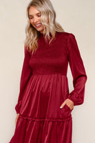 Haptics Burgundy Tiered Solid Frilled Mock Neck Satin Dress