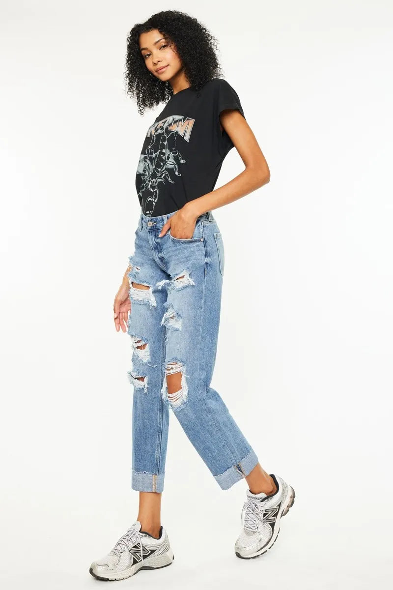 Kancan Mid Rise Distressed Boyfriend Fit Jeans
