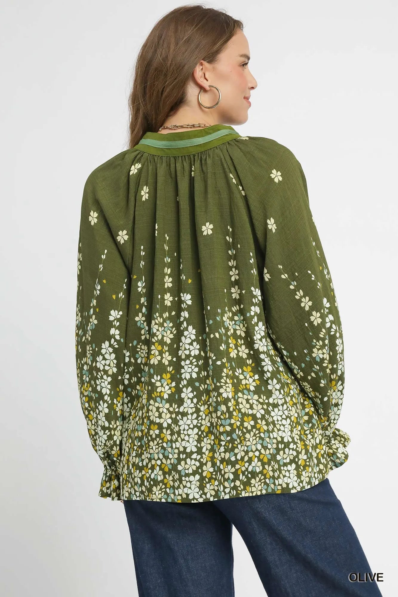 Umgee Olive Floral Vine Print Blouse with Balloon Sleeves