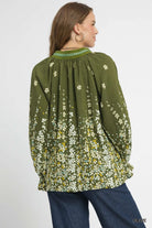 Umgee Olive Floral Vine Print Blouse with Balloon Sleeves