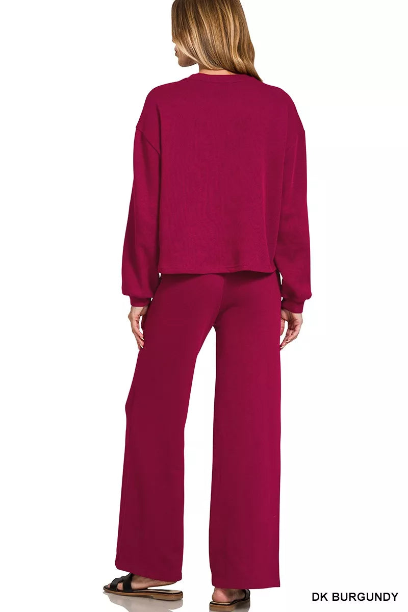 Zenana Dark Burgindy French Rib Pullover and Pants Set