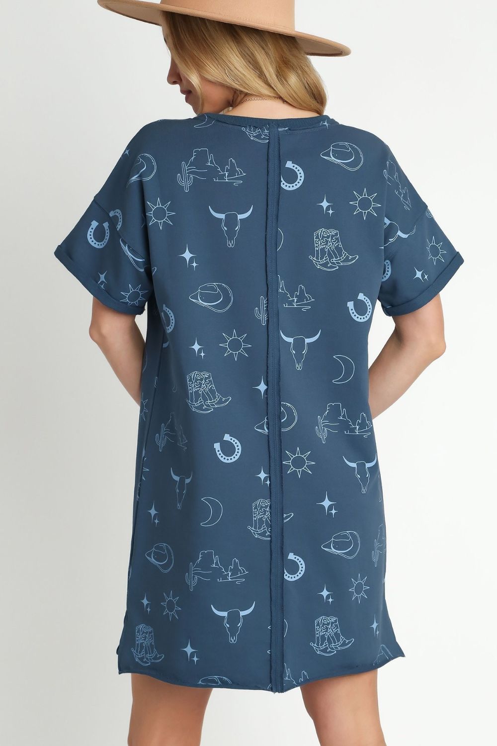 Umgee Peacock French Terry Short Sleeve Round Neck Dress