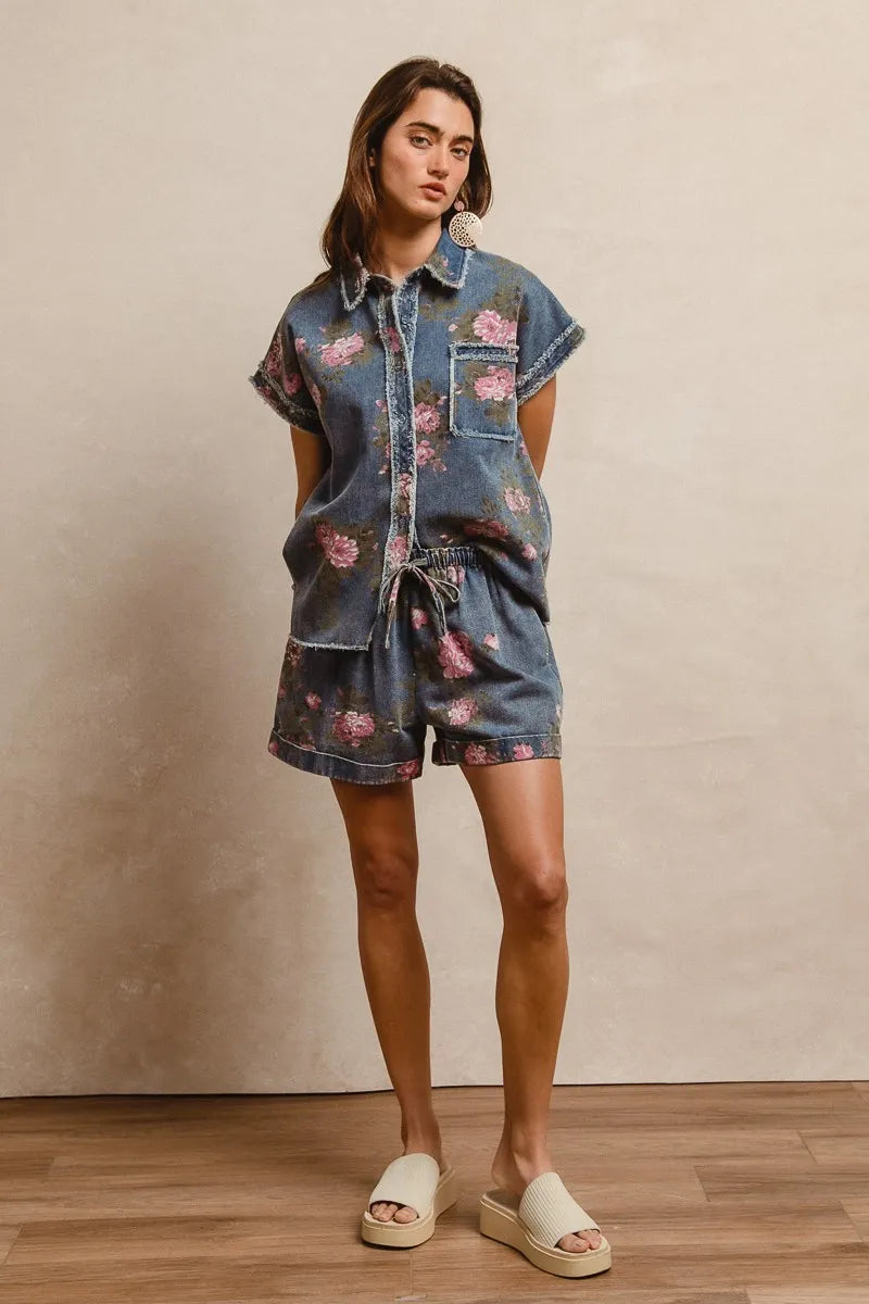 BiBi Floral Printed Denim Short With Pockets