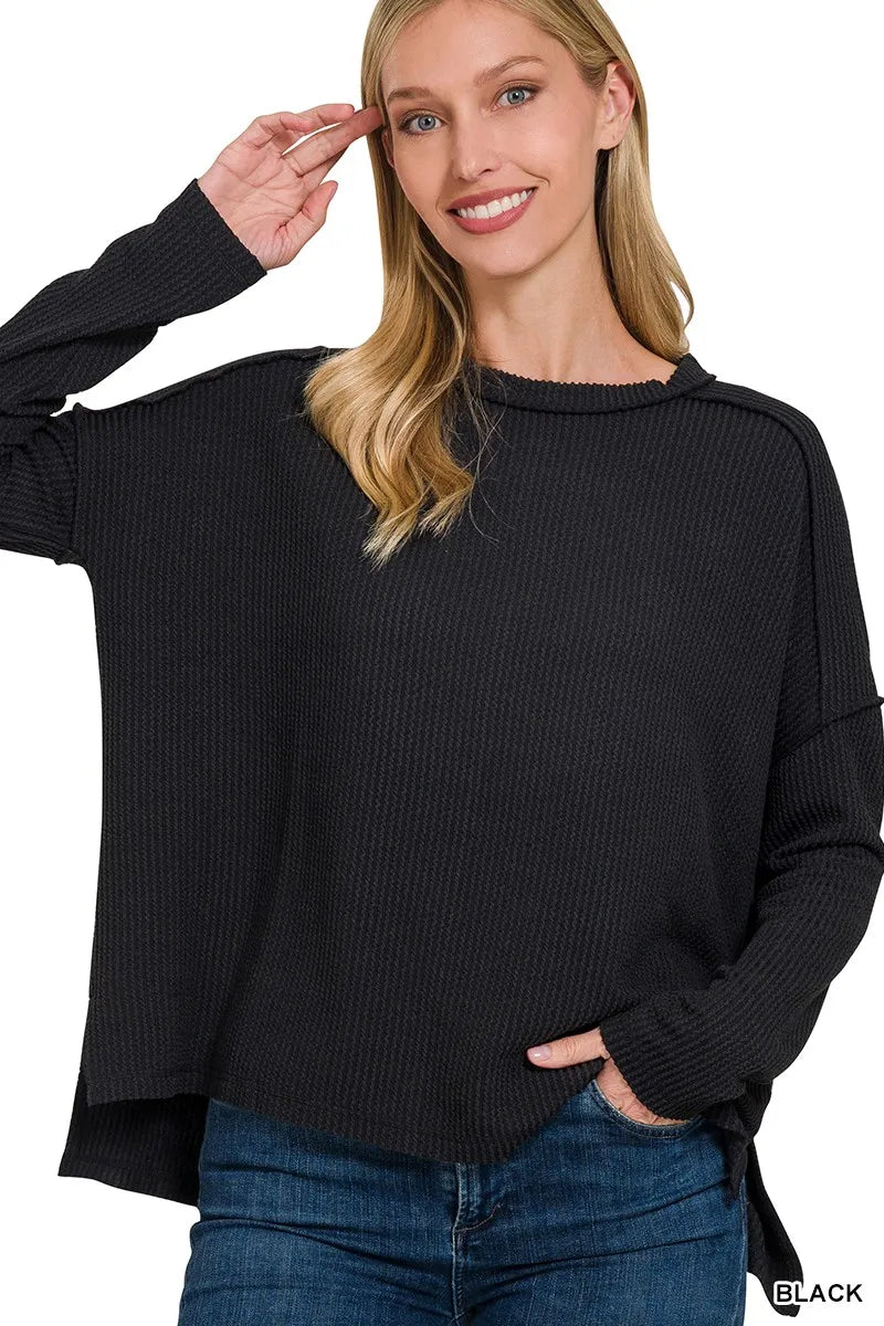 Zenana Black Exposed Seam Long Sleeve Corded Rib Knit Top