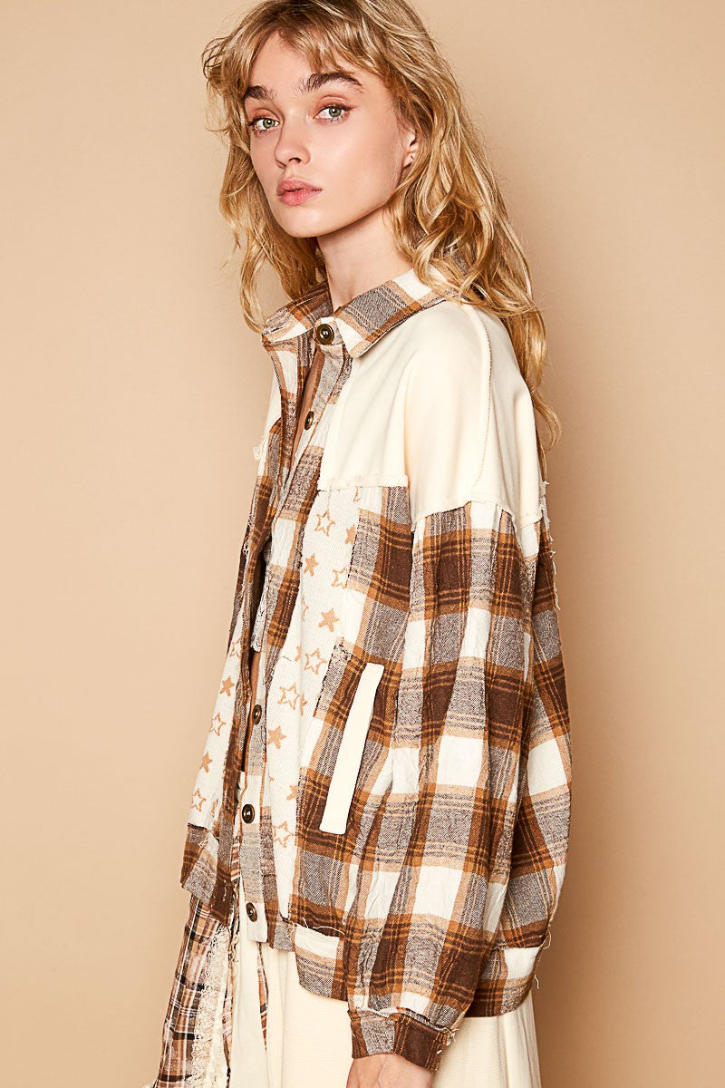 POL Plaid & Star Patchwork Contrast Long Sleeve Shacket Shirts & Tops