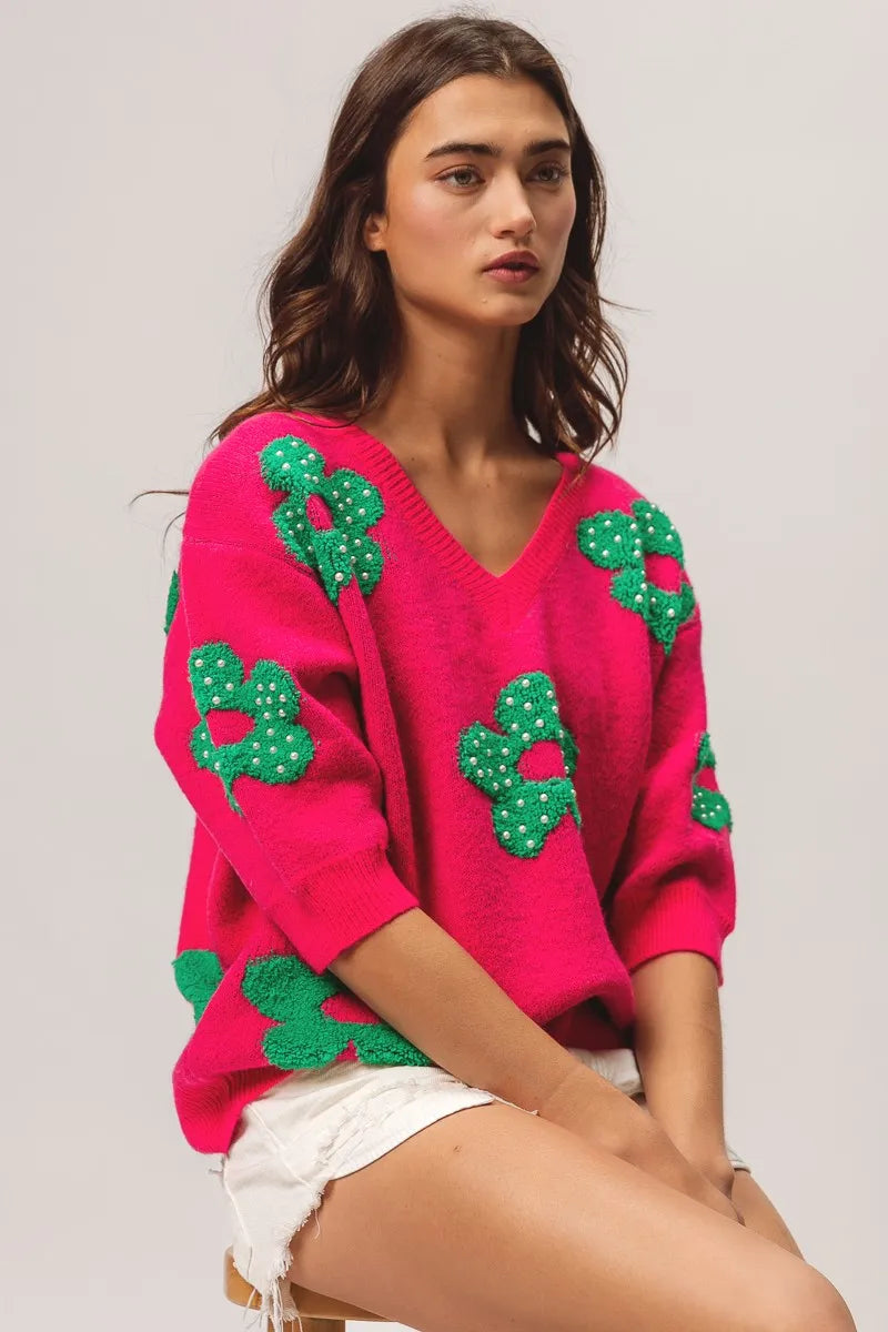 BiBi Fuchsia & Jade Pearl Beads Flowers Sweater Top