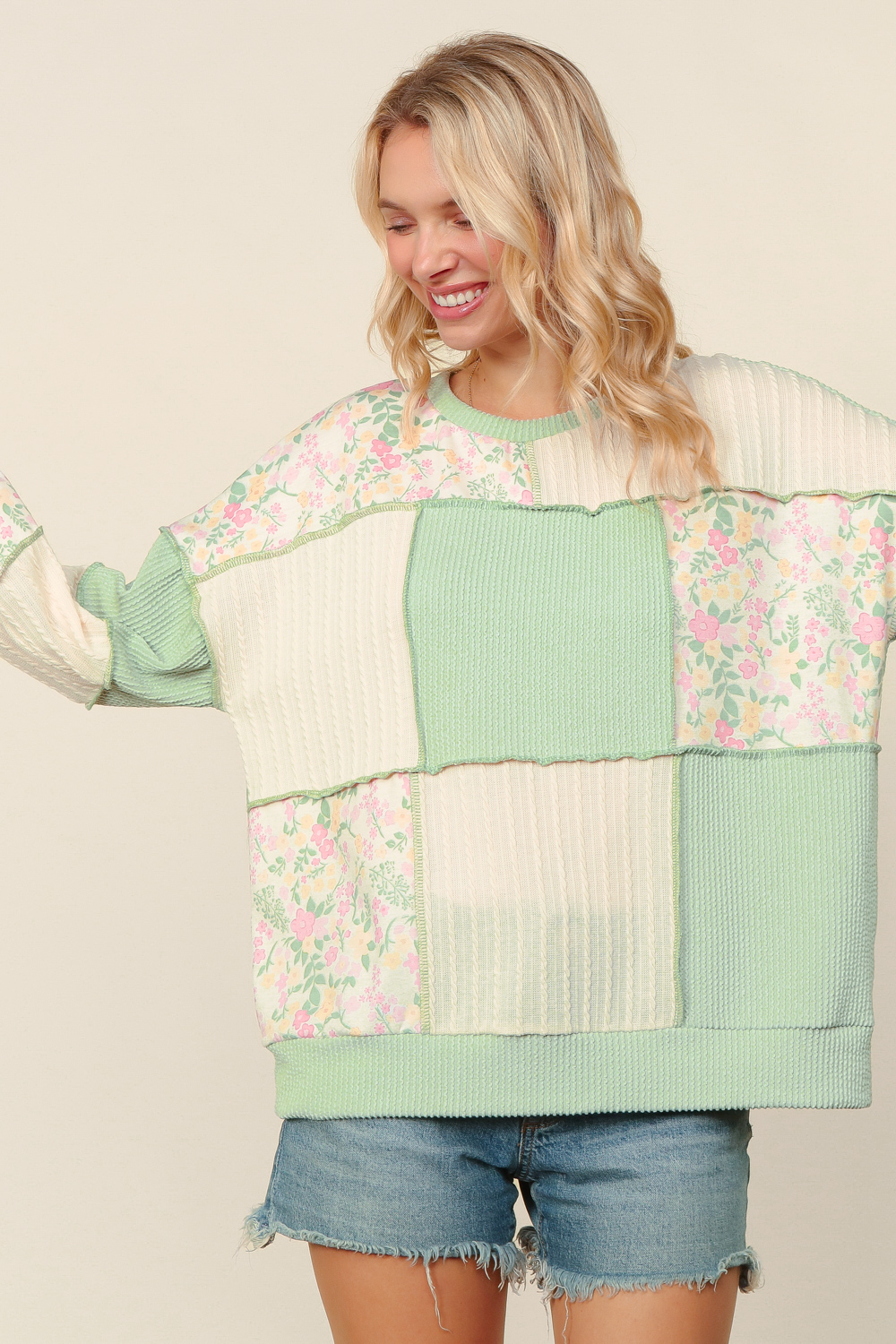 Haptics Mint Round Neck Bubble Long Sleeve Rib Cable Knit Floral Print French Terry Color Block Patchwork Pullover Knit Top