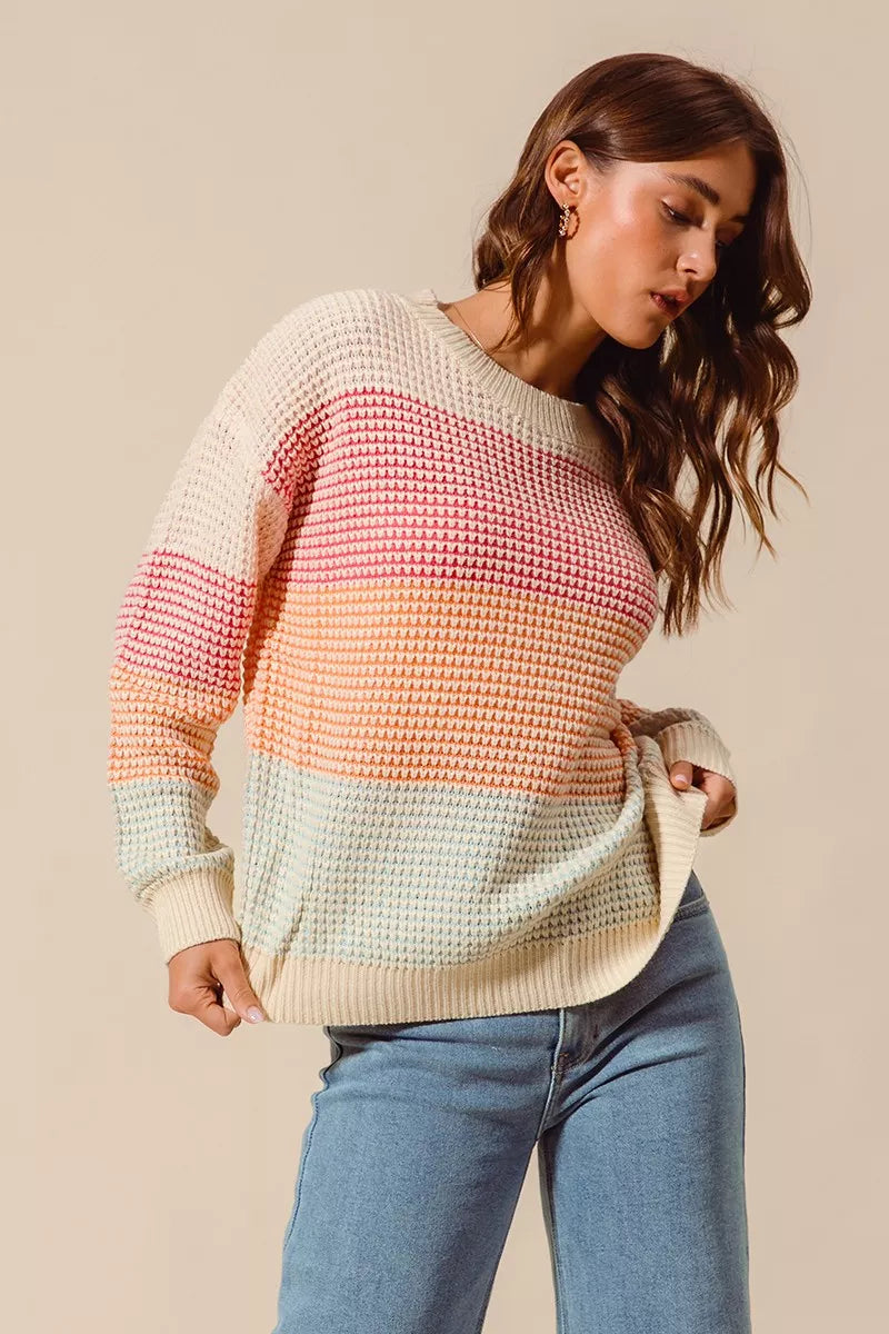 SO ME Oatmeal Combo Multi Color Block Long Sleeve Sweater