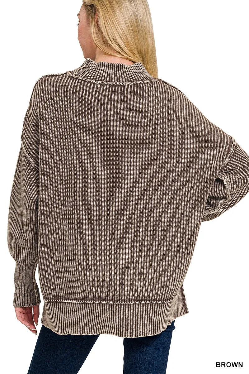 Zenana Brown Washed Side Slit Oversized Sweater