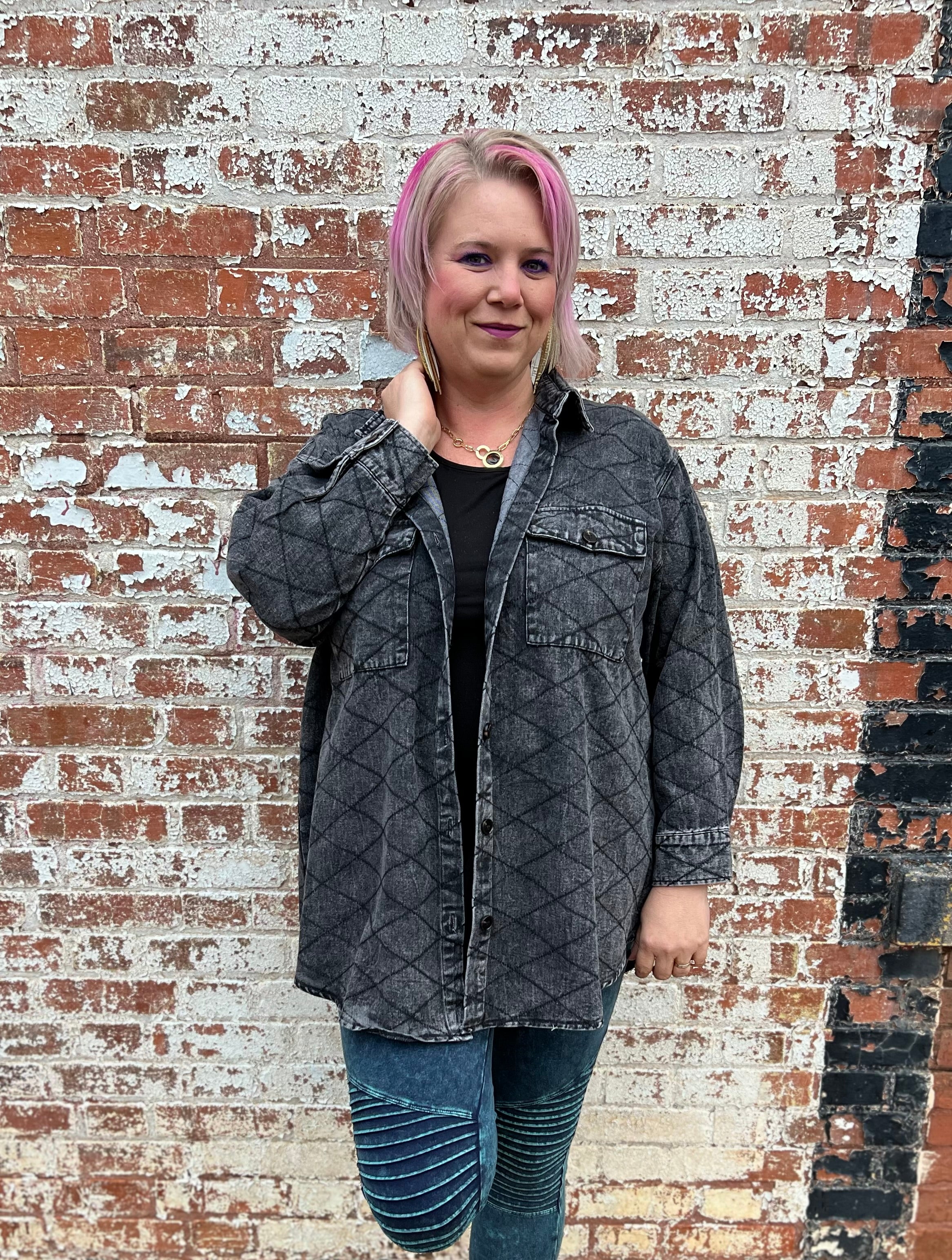 Davi & Dani Black Curved Hem Diamond Quilted Button Up Denim Shacket Shirts & Tops