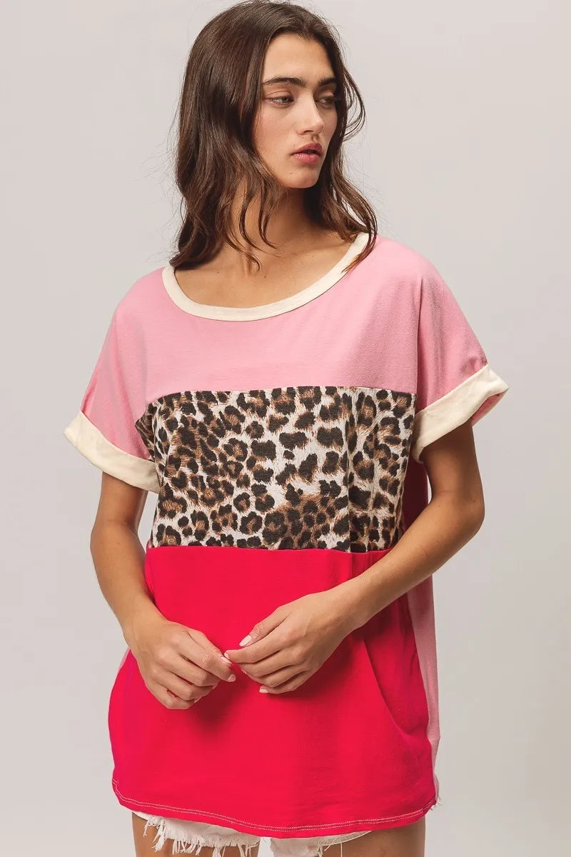 BiBi Pink and Fuchsia Leopard Printed Jersey Color Block Roll Up PINK FUCHSIA