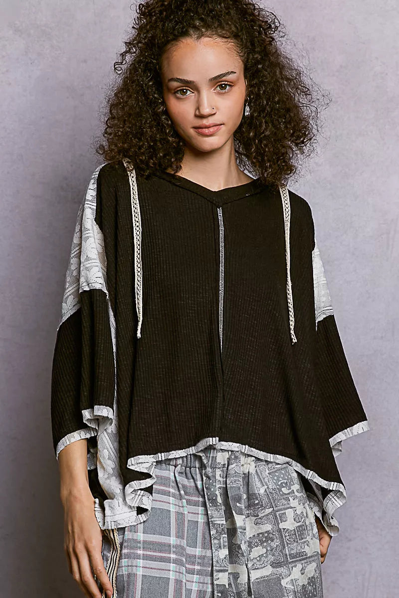 POL Black Short Sleeve Hoodie Top with Lace Detail BLACK