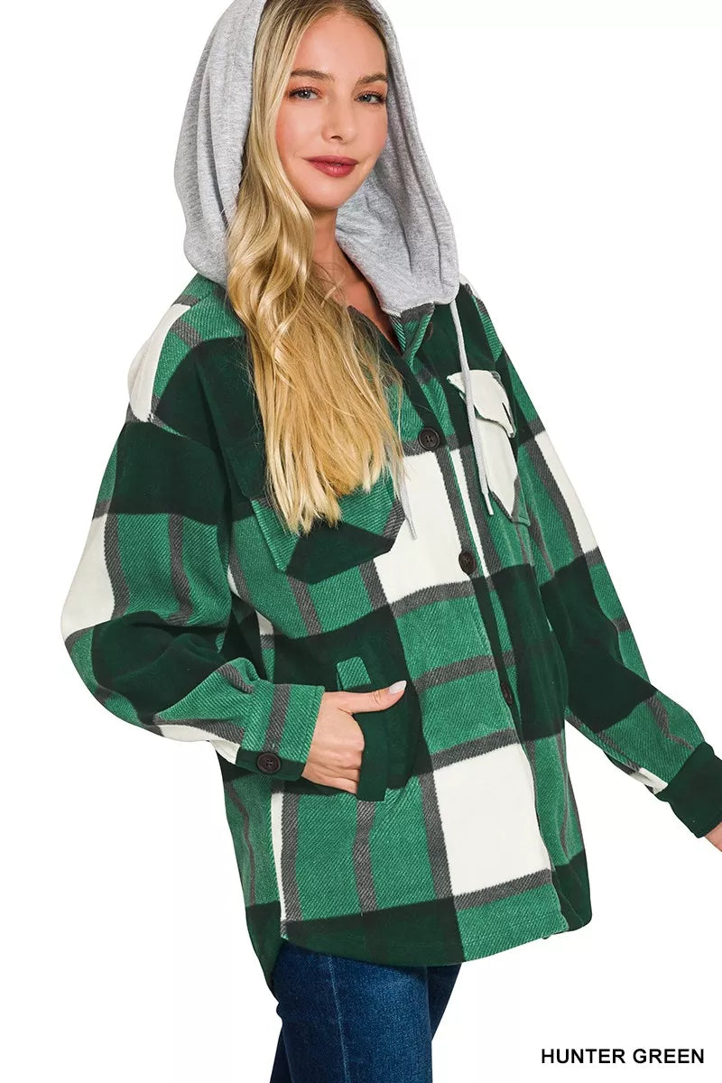 Zenana Hunter Green Plaid Drawstring Hooded Fleece Shacket