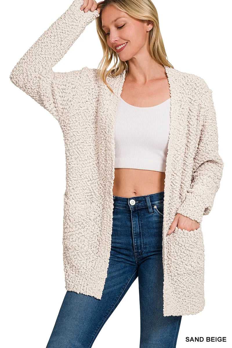 Zenana Sand Beige Long Sleeve Popcorn Sweater Cardigan with Pockets SAND BEIGE