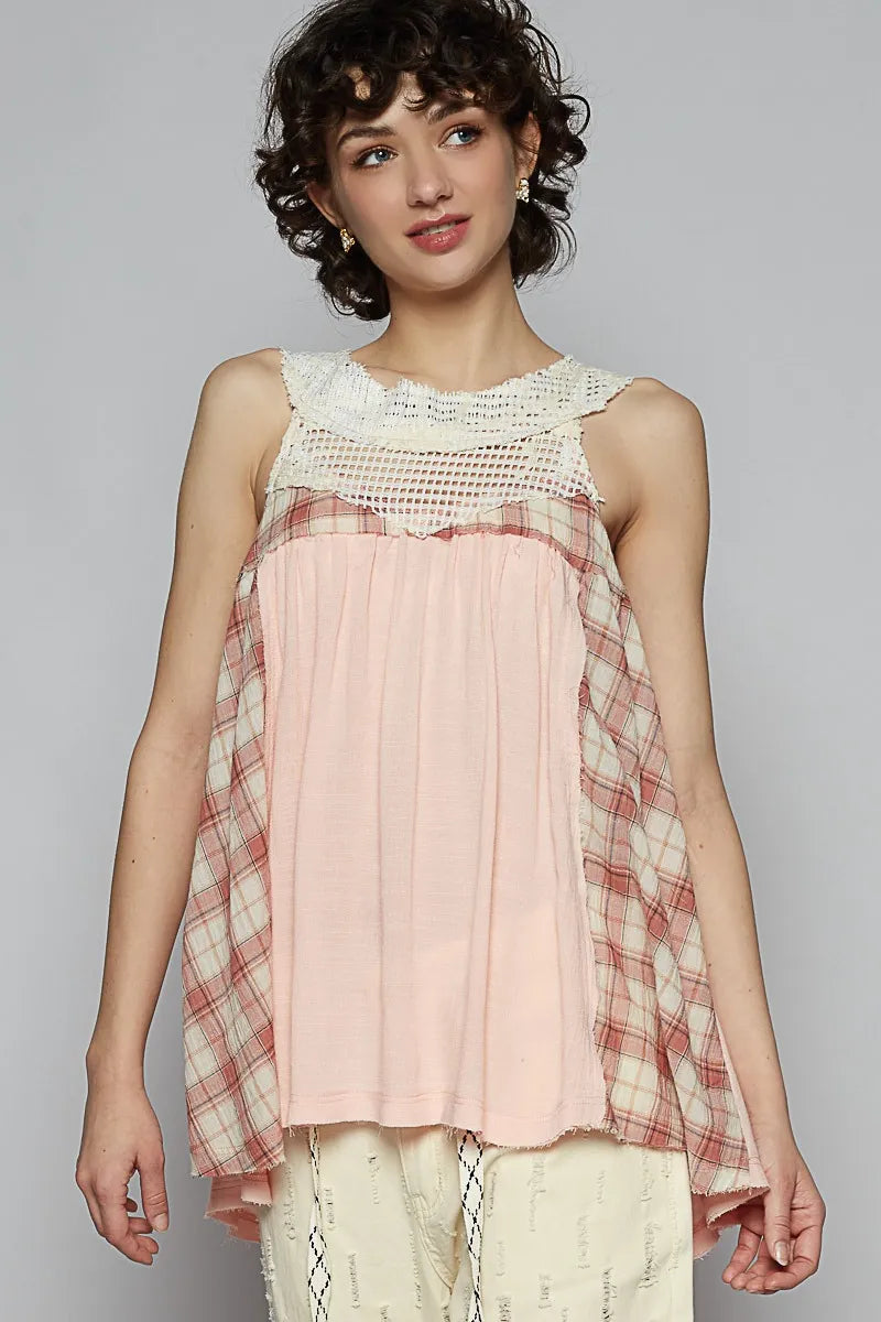 POL Crochet Lace Plaid Panel Detail Tank in Watermelon Pink Watermelon pink
