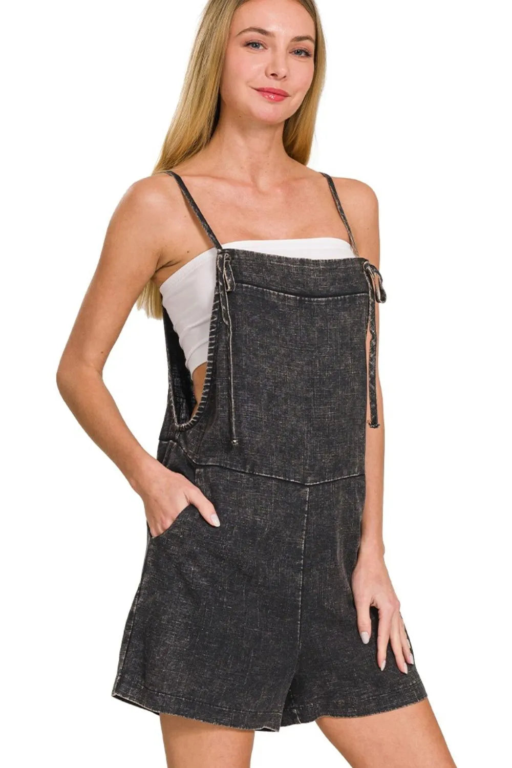 Zenana Ash Black Washed Linen Knot Strap Rompers