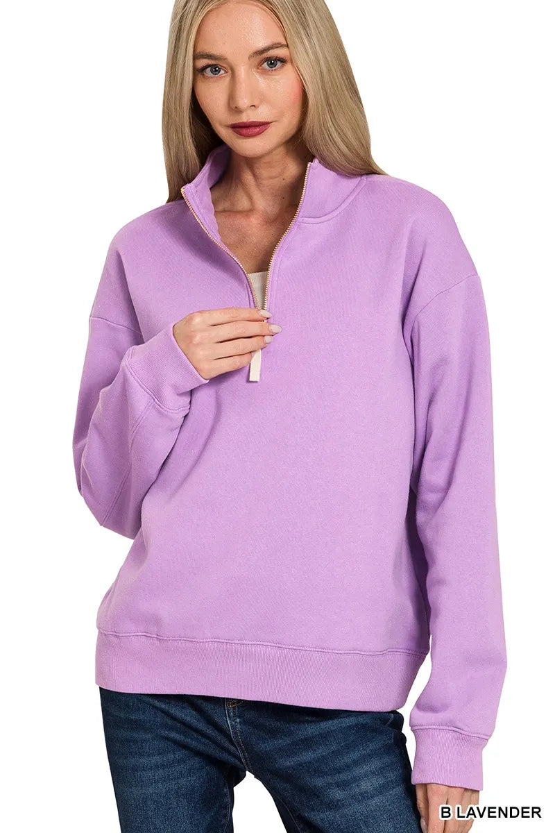 Zenana Lavender Fleece Half Zip Sweatshirt