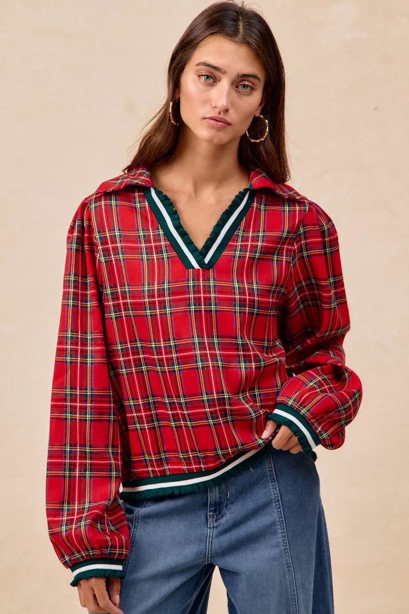 BiBi Christmas Red Plaid Collared Top with Ruffled Detail