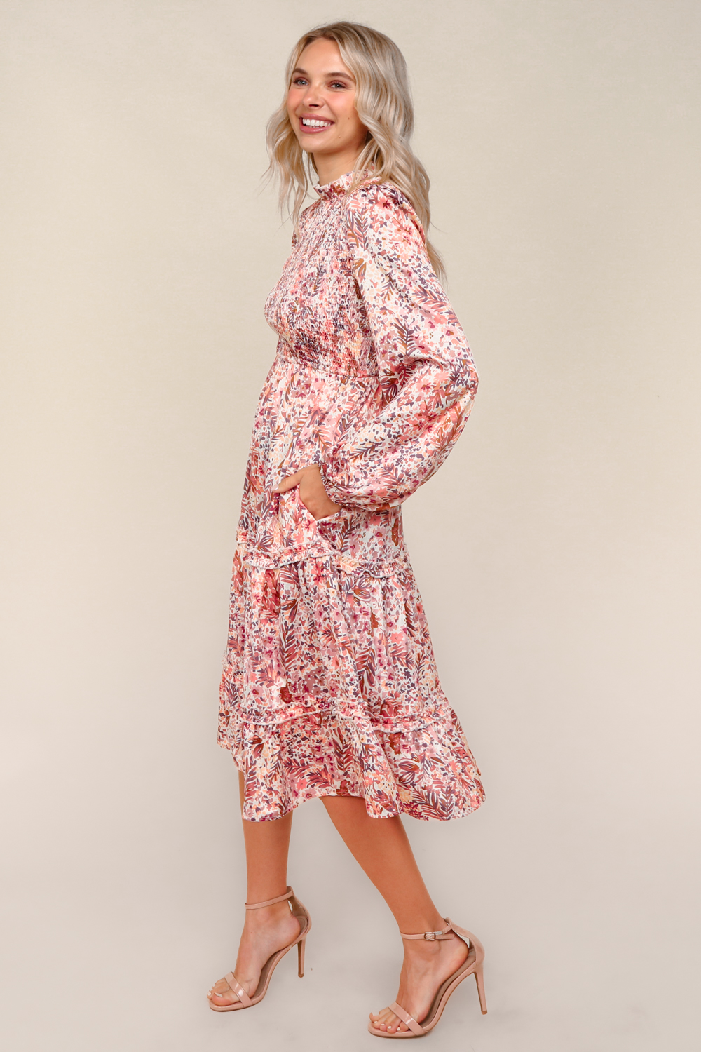 Haptics Midi Satin Floral Tiered Dress with Side Pockets