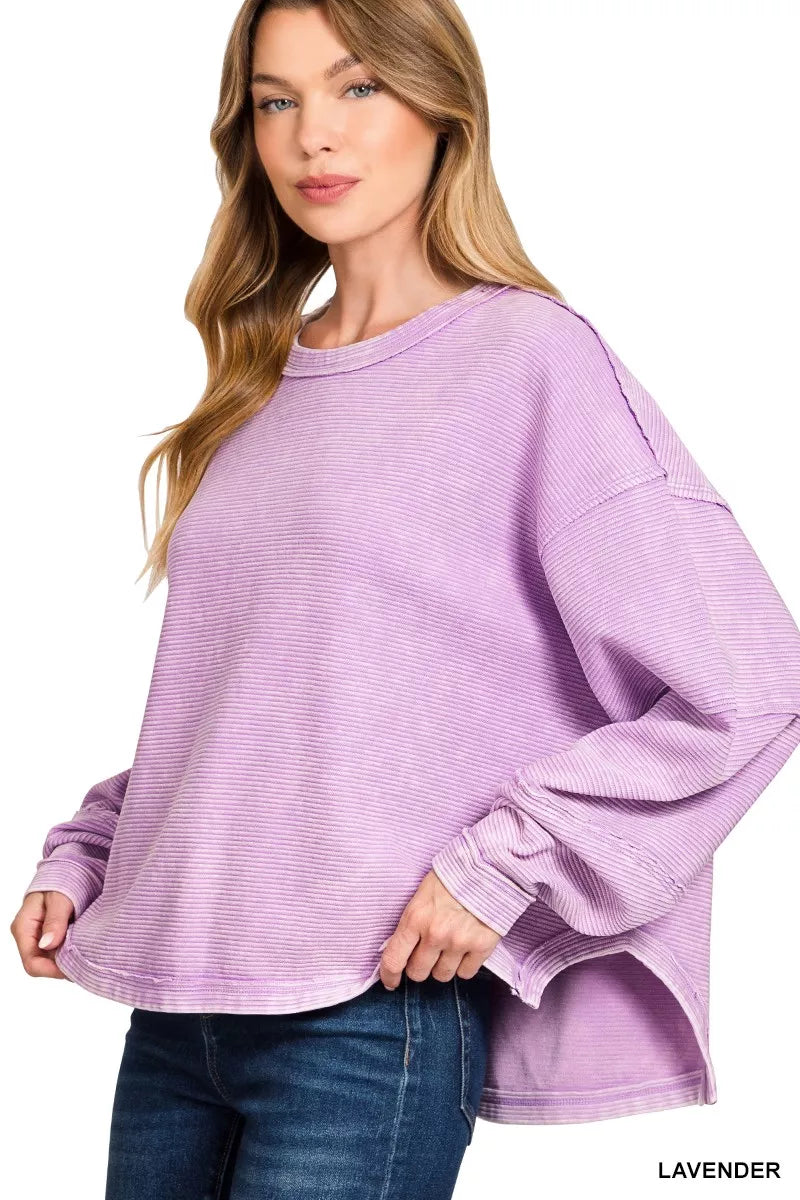Zenana Lavender Acid Washed Double Ribbed Exposed-Seam Sweatshirt