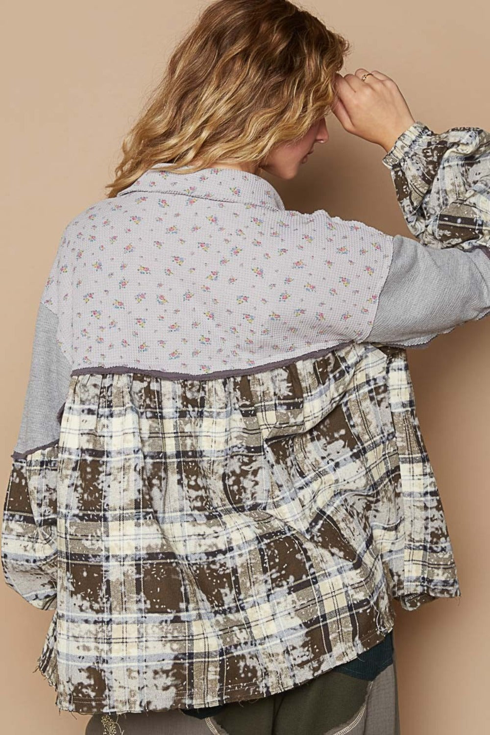 POL Balloon Sleeve Floral Relaxed Fit Color Block Plaid Shirt Shirts & Tops