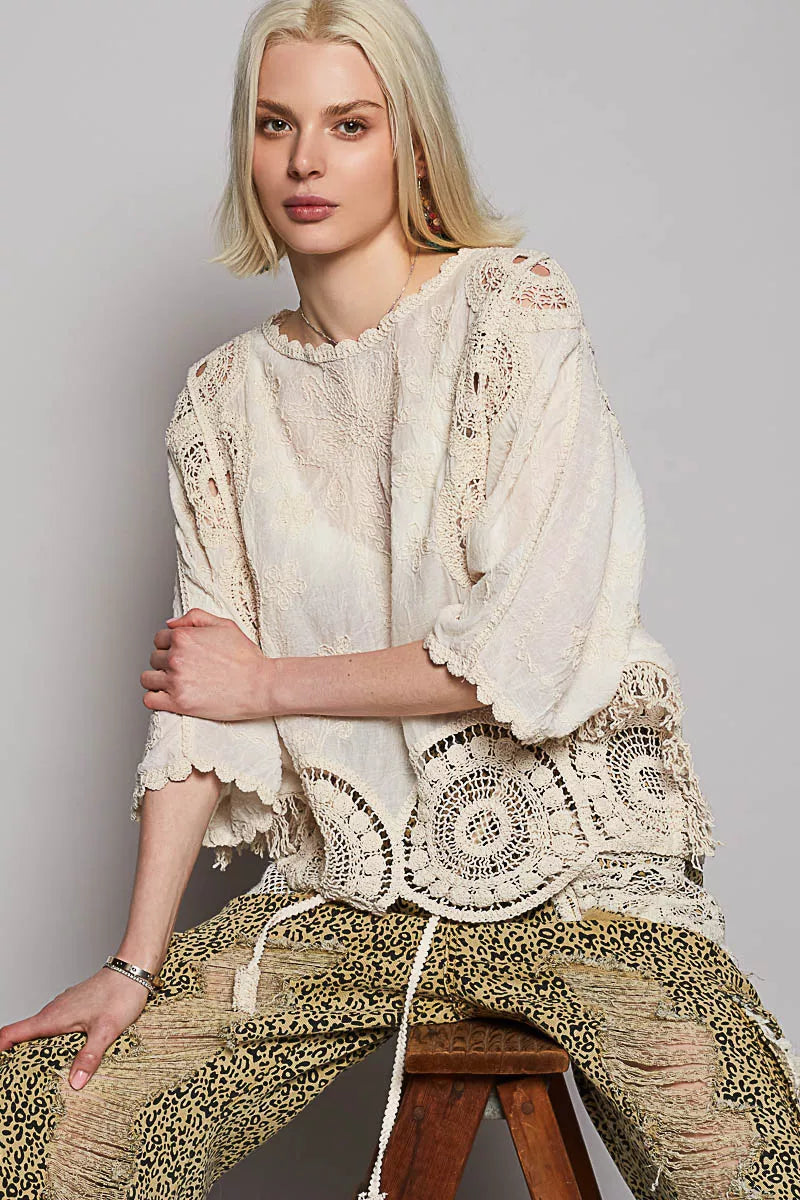 POL Natural Round Neck Crochet Top with Floral Embroidery Detail