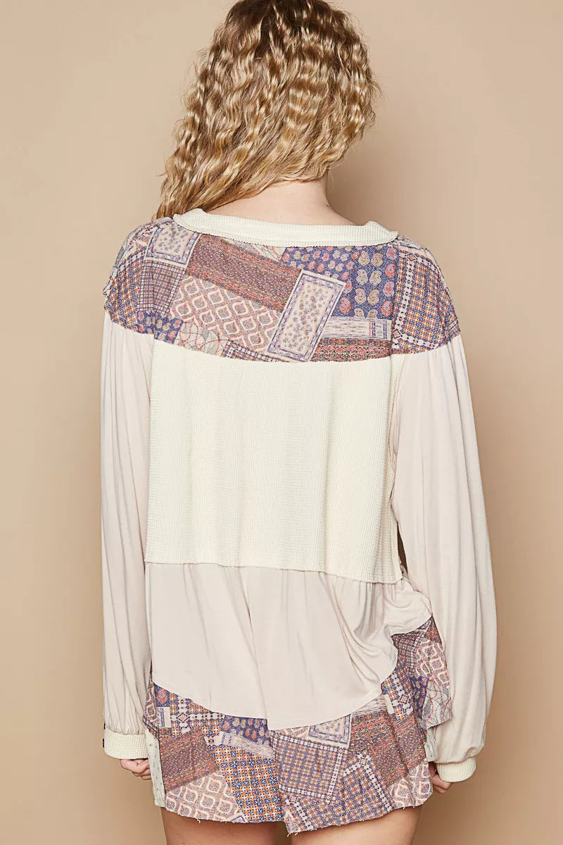 POL Oatmeal Half Button Balloon Sleeve Top with Printed Knit Contrast