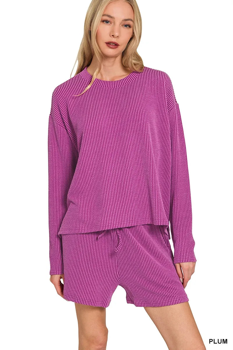 Zenana Plum Corded Rib Long Sleeve Tee and Shorts Set