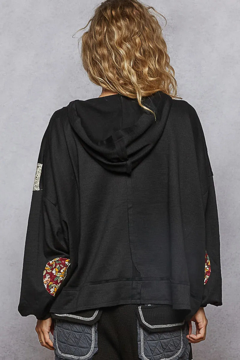 POL Black Peace Contrast Patch Floral Long Sleeve Hoodie