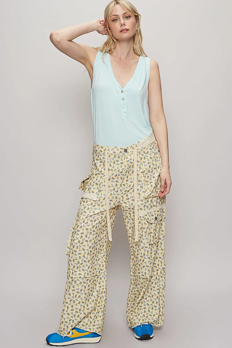 POL Vanilla Floral Lace Drawstring Cargo Pants