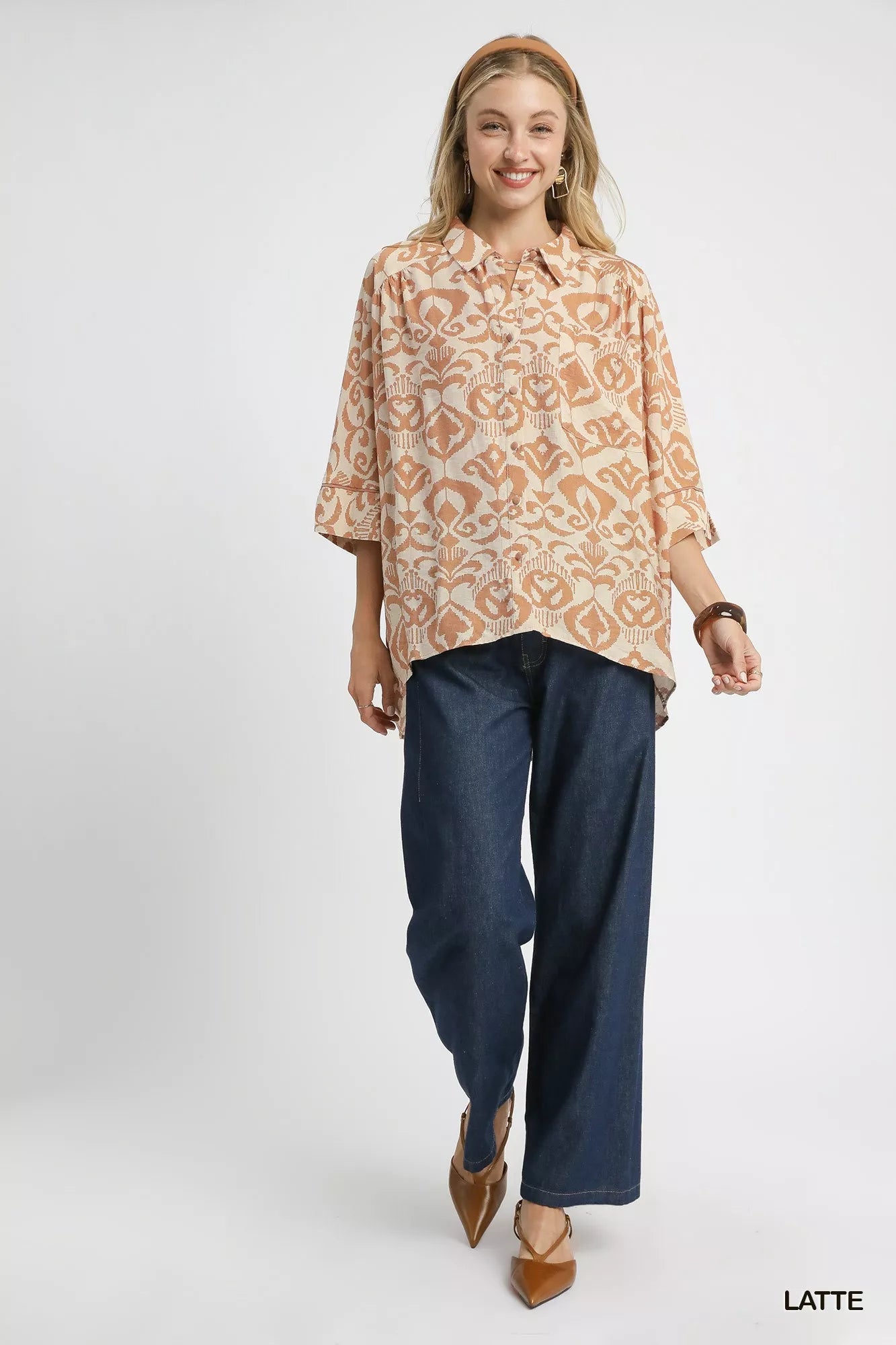 Umgee Latte Abstract Print Button-Up Oversized Shirt