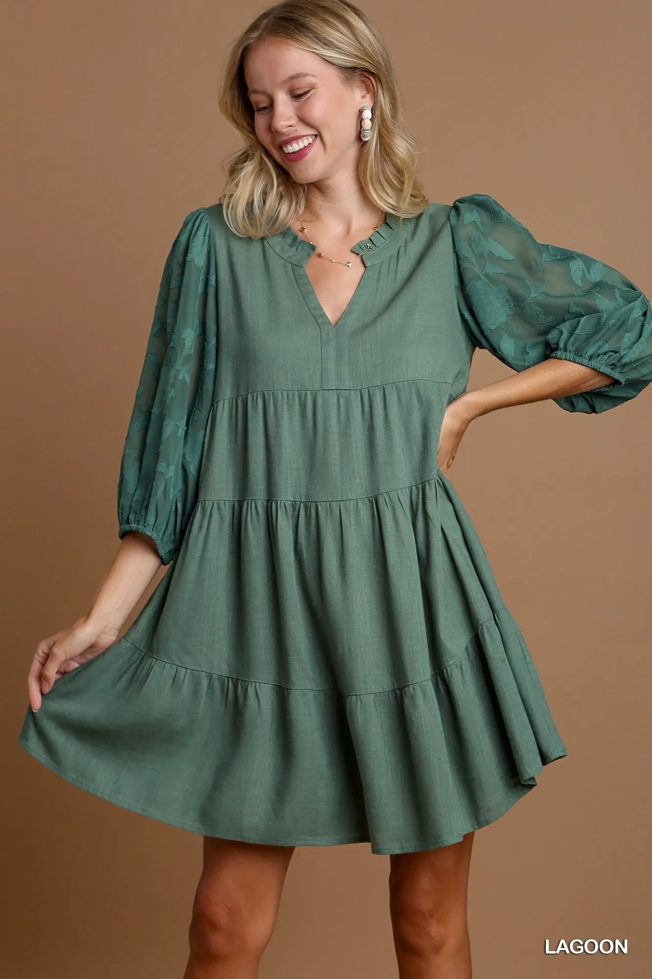 Umgee Lagoon Floral Contrast Sleeve Tiered Dress LAGOON